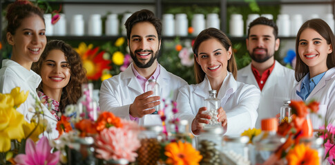 Doctors in white coats smile behind table with pills, colorful flowers in background