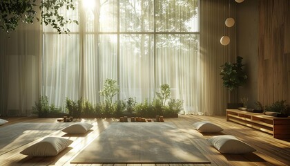 Portray a yoga studio bathed in natural light, where practitioners engage in mindful movement and meditation to promote wellness