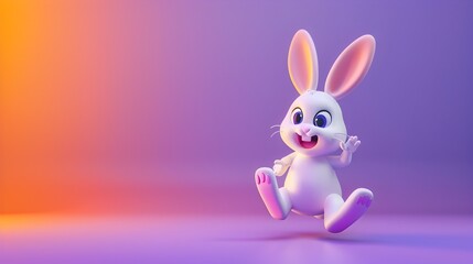 Joyful Cartoon Bunny Hopping on Vibrant Gradient Background in 3D Render