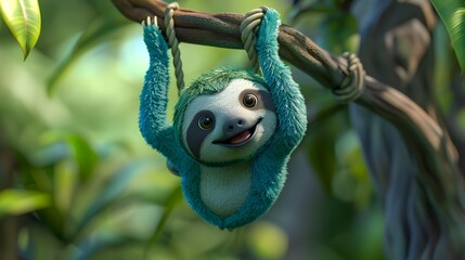 Fototapeta premium Cheerful Cartoon Sloth Hanging Happily from Tree Branch in Lush Green and Blue Palette