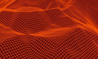 3D abstract grid neon topography. red mesh terrain.