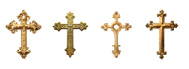 Antique cross with gold on transparent background