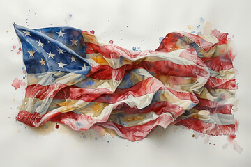 An American flag fluttering, watercolor style against a white background,generative ai
