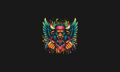 head bull angry with wings and bandana vector artwork design