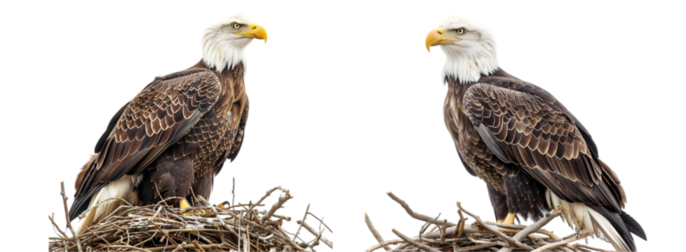 Collection of Wild eagle bald setting in nest on transparent background