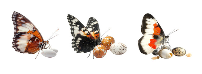 Collection set of butterfly with eggs isolated on transparent background