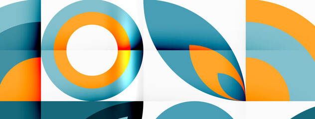 An artistic logo featuring a vibrant blue and orange geometric pattern with circles and leaves on a white background. The design includes rectangles, triangles, circles, and various tints and shades
