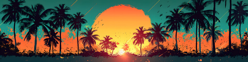 A stunning natural landscape at sunset with palm trees in the foreground, a large orange sun in the background, and a sky filled with clouds, creating a beautiful and peaceful scene