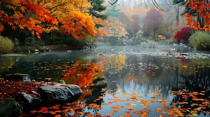 A tranquil pond surrounded by vibrant autumn foliage, the perfect nature scene for a calming wallpaper.