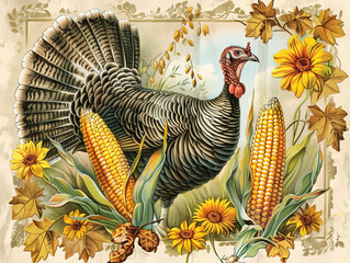 Vintage Thanksgiving card with turkey illustration and copy space; holiday decoration
