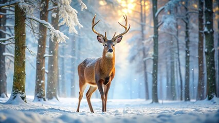 A rare white deer, a stag with majestic antlers, stands out in the snowy winter forest