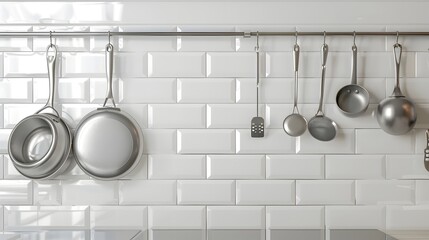Organized Kitchen with Hanging Stainless Steel Cookware and Subway Tile Background