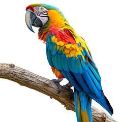 Fototapeta premium A beautiful parrot with blue, yellow, and red feathers is sitting on a branch.