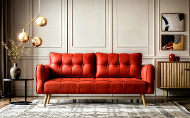 A stunning cinematic close-up of a minimalist interior design featuring a sleek, modern red sofa. 