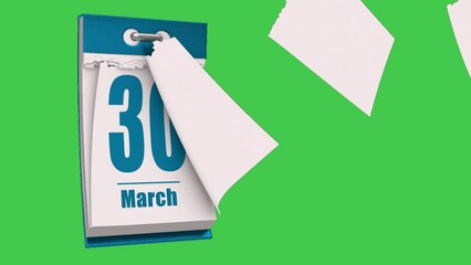 March Month Calendar with date on green screen animation.