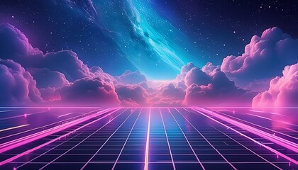 Synthwave vaporwave retrowave cyber background with copy space, laser grid, starry sky, blue and purple glows with smoke and particles. retro background
