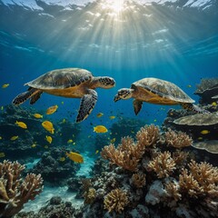 Obraz premium A magical underwater garden with turtles tending to blooming coral gardens. 