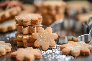 Homemade star-shaped gingerbread cookies on wooden table - Powered by Adobe