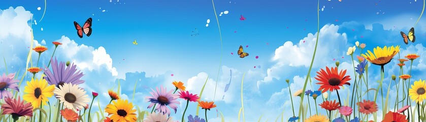 Fototapeta premium A beautiful day in the meadow. The sun is shining, the flowers are blooming, and the butterflies are fluttering about.