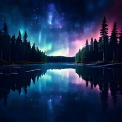 night landscape with lake and trees