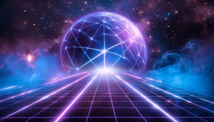 Synthwave vaporwave retrowave cyber background with copy space, laser grid, starry sky, blue and purple glows with smoke and particles.	