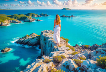 A white convertible car driving on a desert road surrounded by towering rock formations and mountains in the background, with a lone tree in the foreground