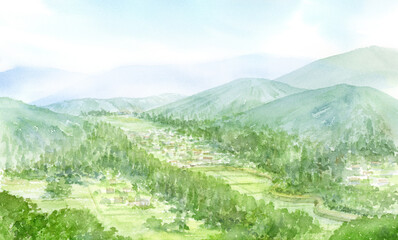 上から見た山奥の風景の水彩画