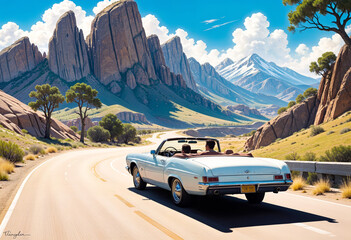 Naklejka premium A white convertible car driving on a desert road surrounded by towering rock formations and mountains in the background, with a lone tree in the foreground