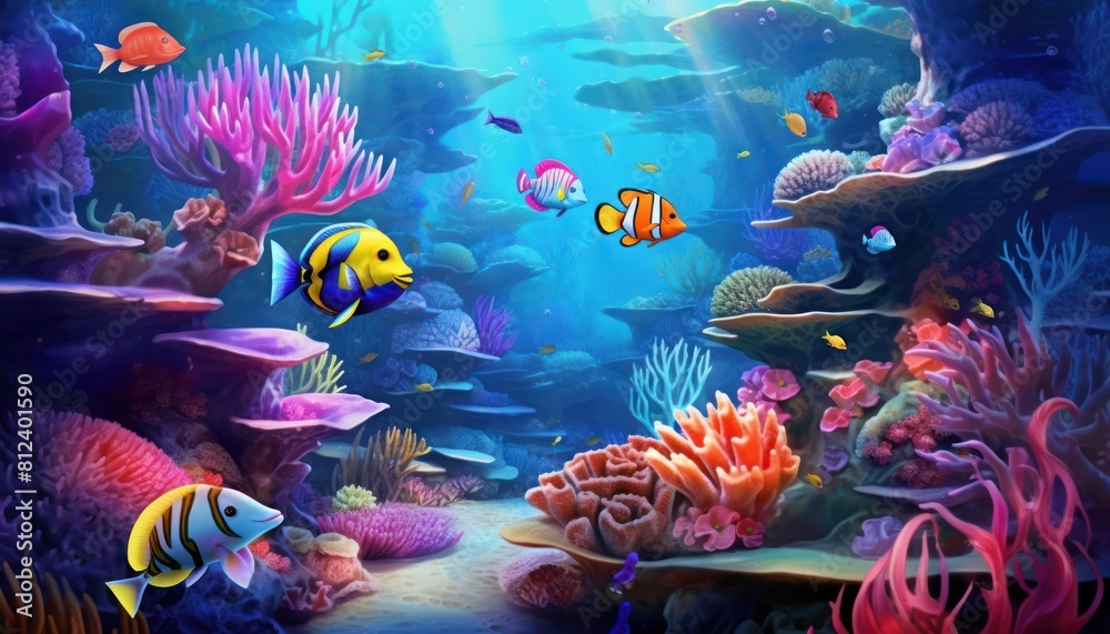 Wall mural tropical fish in the underwater, coral reef, amazing underwater life, various fish and exotic coral  - Wall murals