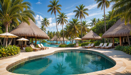 A tropical resort with a large swimming pool surrounded by palm trees and thatched-roof bungalows. The sky is blue with some clouds, and the overall scene has a relaxing, vacation-like atmosphere.