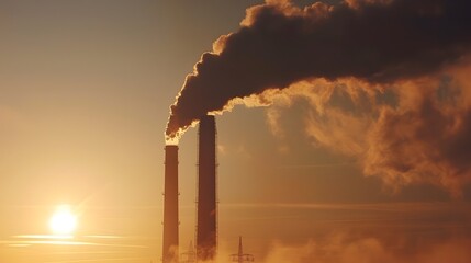 Obraz premium Dramatic Silhouette of Industrial Chimney at Sunset with Billowing Smoke in Scenic Landscape