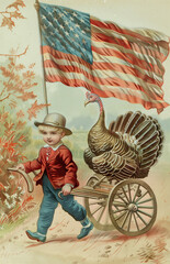 Nostalgic illustration of a boy in red suit pushing a cart with turkey atop American flag background, perfect for Macy's Thanksgiving Day