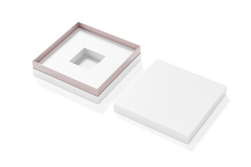 Flat rigid box mockup, open lid rectangular container, empty white flat box isolate in background, short cube packaging with blank product lock tray inside, empty  luxury product storage showcase