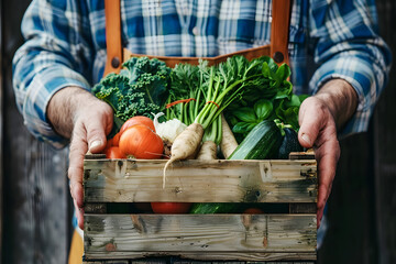 Farmer holding fresh harvested vegetables in a wooden crate - Powered by Adobe
