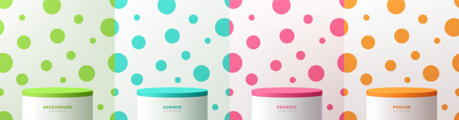 Set of 3D white product podium background with colorful dots on white wall scene empty space. Abstract composition in minimal design. Studio showroom product pedestal, Fashion showcase mockup scene. © Riseness
