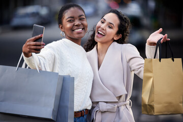 Woman, shopping and happy selfie in city, online sales and friends laughing or smile for retail...