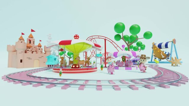 3d amusement park with railroad tracks, roller coaster, unicorn spring rider, carousel, merry go round, castle, towers. 3d render illustration, alpha channel