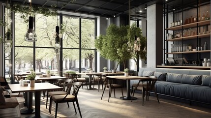 Fototapeta na wymiar Interior design of a cafe with large windows modern style gray colors