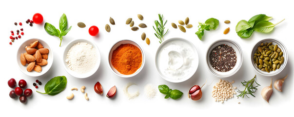 Assorted fresh culinary ingredients on white background
