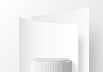 3D round product podium in white color background with curve wall backdrop. Abstract composition in minimal design. 3D Studio showroom product pedestal, Fashion showcase mockup scene. Banner cosmetic