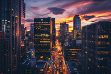 Obraz premium A breathtaking cityscape view at sunset, showcasing a vibrant sky filled with dramatic clouds in shades of orange, pink, and purple. The city's tall buildings are illuminated, and the streets are aliv