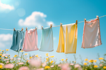 A delightful image showcasing a row of colorful fabrics drying on a clothesline, set against a cheerful backdrop of blue skies and blooming flowers