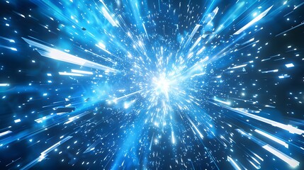 A blue background with white rays of light and geometric shapes radiating from the center, creating an explosion effect.

