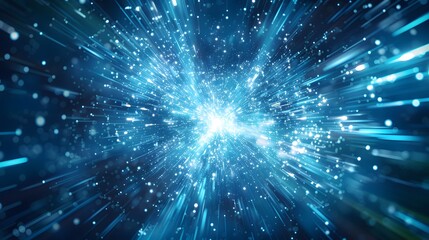 A blue background with white rays of light and geometric shapes radiating from the center, creating an explosion effect.
