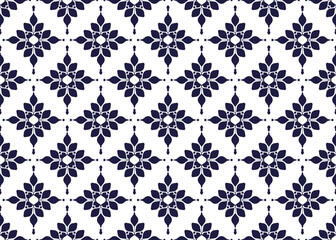 Symbol dark blue flowers and leaves on white background, ethnic fabric seamless pattern design for cloth carpet batik, wallpaper wrapping etc.