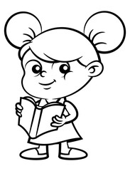 Little Girl cartoon characters reading a book. Best for outline, logo, and coloring book with education themes for kids