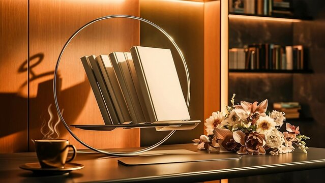 A desk with neatly arranged books and a coffee cup placed on top