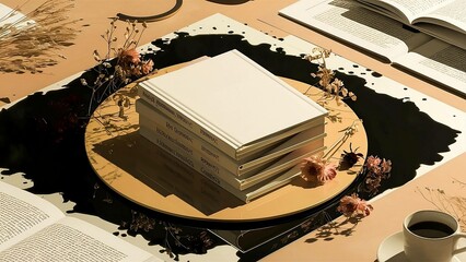 A stack of books on a table with a cup of coffee and flowers