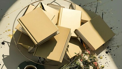 A stack of books on a table next to a cup of coffee, creating a cozy and inviting atmosphere