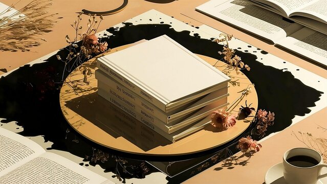 A stack of books on a table with a cup of coffee and flowers